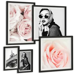 BILDER SET 5er Set - 50x50 cm & 20x30 cm & 40x60 cm Schwarzer Rahmen - Blumen, Pfingstrosen, Rosen, Eleganz