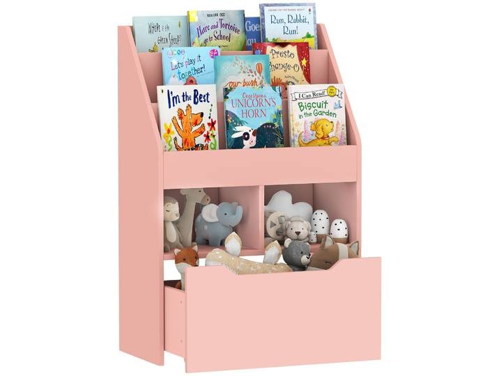 HOMCOM Bibliothèque étagère Multi-Rangement 3 étagères 2 niches Grand tiroir en bois Rose