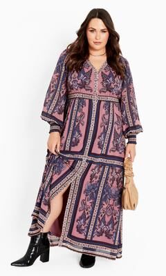 Plus Size Women's Serene Placement Sleeved Maxi Dress by Avenue in Dusk (Size 20)