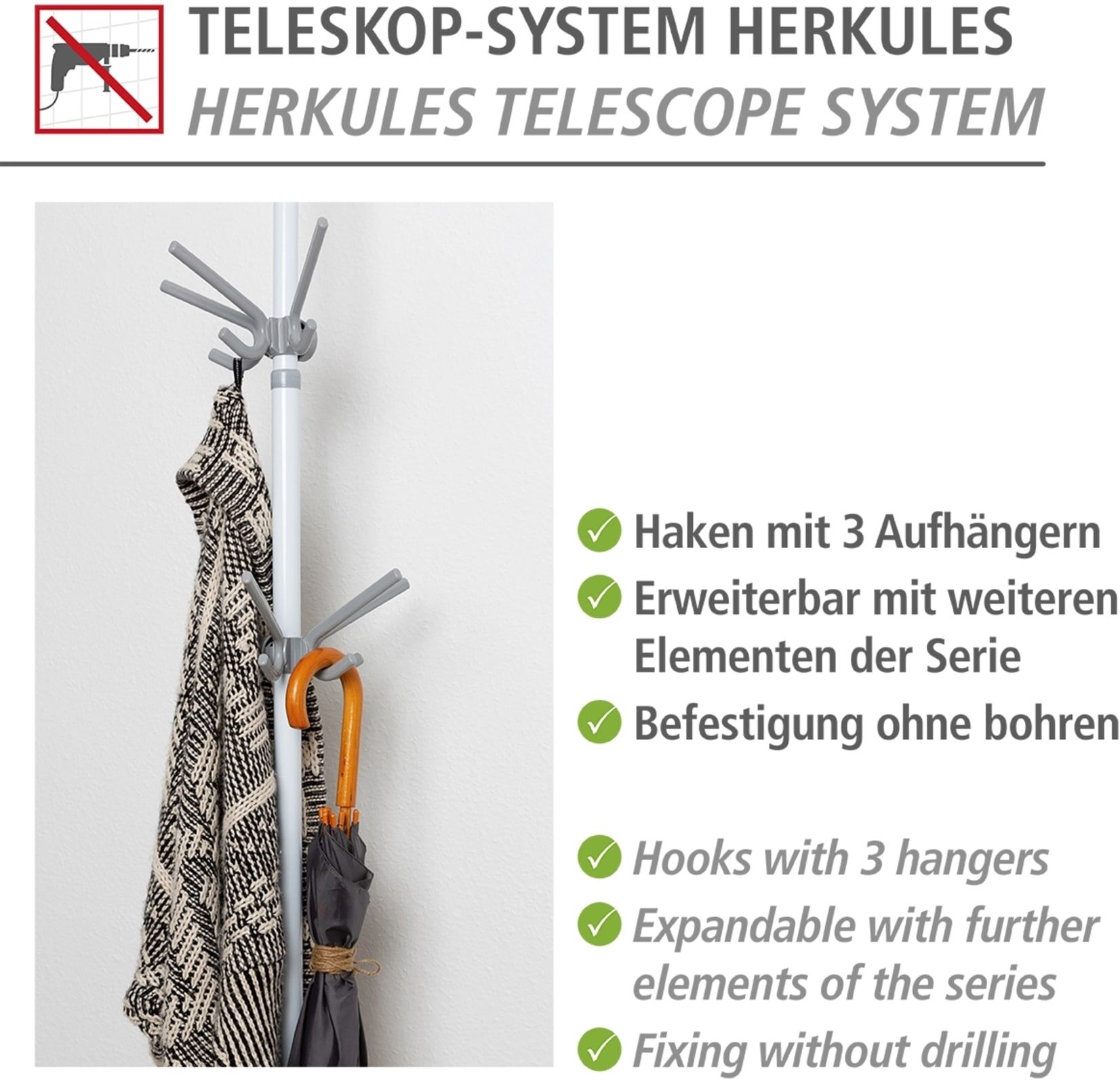 Kleiderhaken WENKO "Modell Herkules", grau, Kunststoff, Haken, Kleiderhaken, Haken mit 3 Aufhängern, Erweiterung zum WENKO Herkules Teleskop-System grau Einheitsgröße