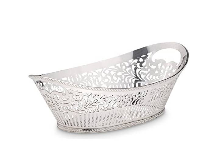 moderner länglicher Brotkorb 26 cm - großer versilberter Servierkorb mit Griffe - flacher Frühstücks-Korb ideal für Brötchen, Brot, Baguette, Toast, Croissant oder Gebäck