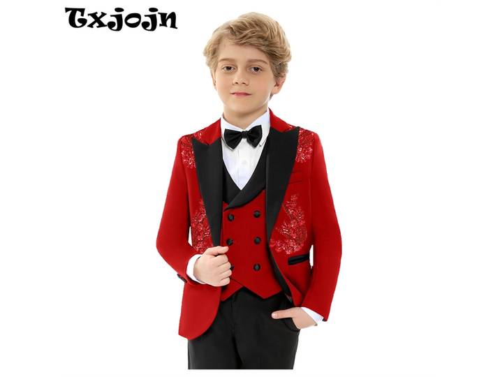 Costume de noël pour garçons, 4 pièces, veste, gilet, pantalon, nœud papillon, ensemble de costume de perles rouges exquis, tenue de fête d'anniversaire 3-14T