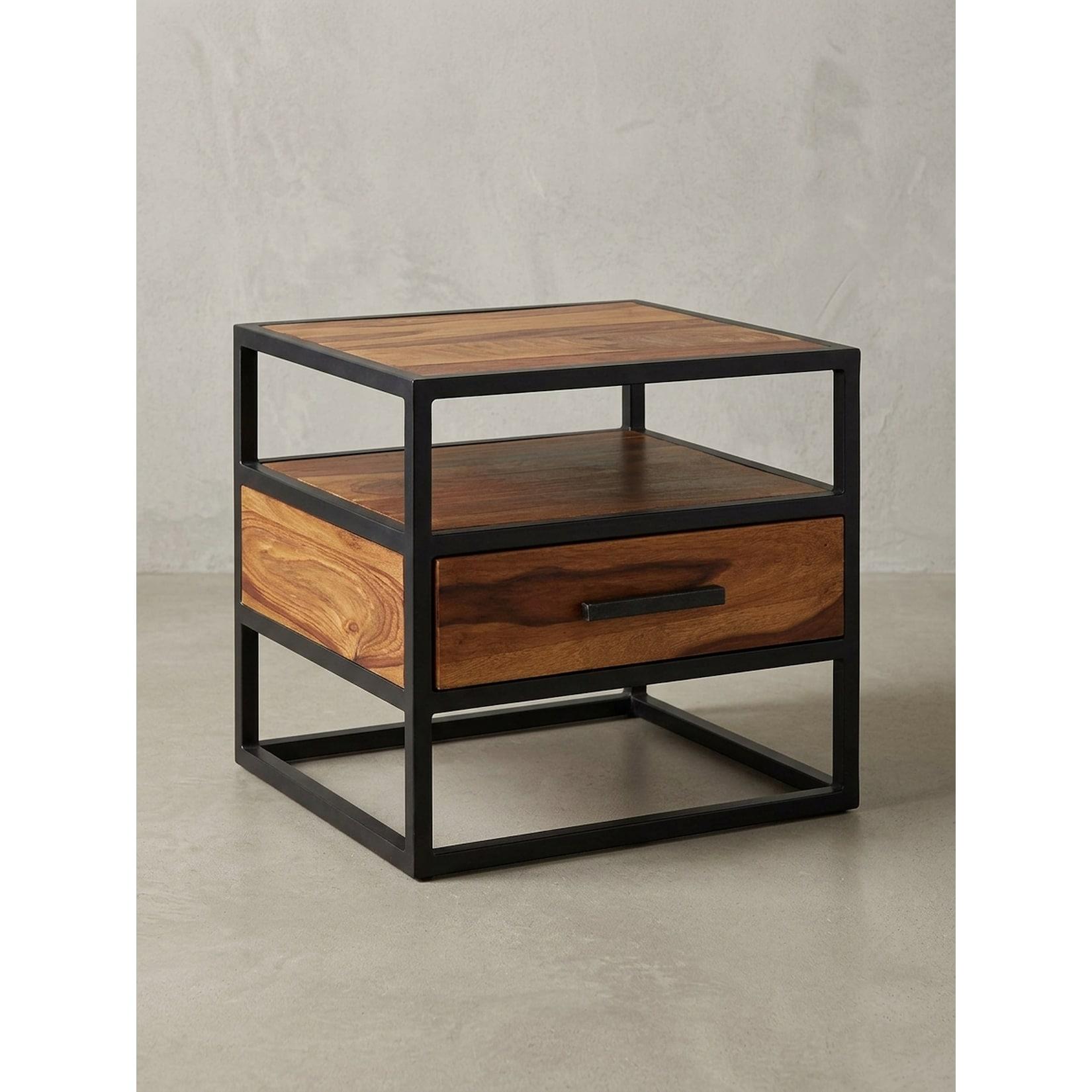 Nachttisch – Massivholz/Metall, 50x45x45 cm, Schublade, Industrial-Stil