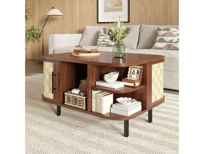Bladez - Table basse tressée - Table d'appoint avec double porte et étagères ouvertes - Design classique - Couleur bois naturel