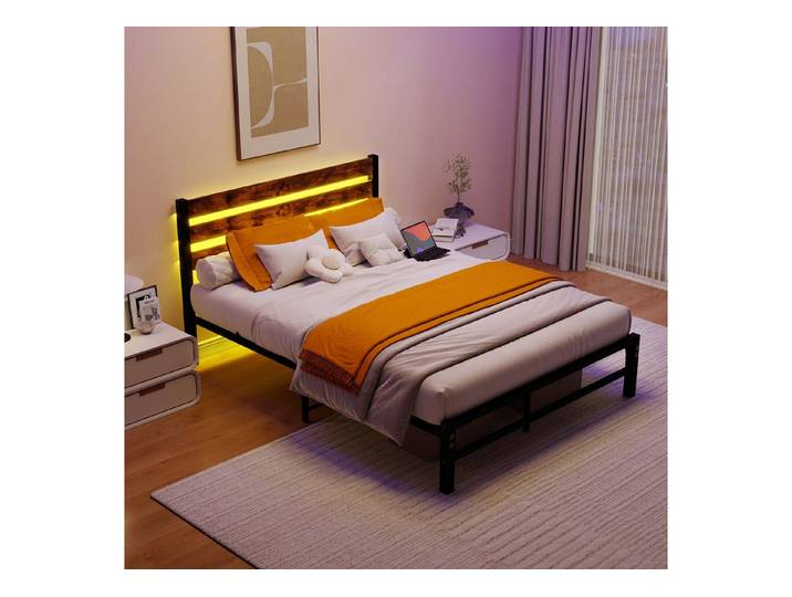 HOMERECOMMEND Metallbett mit MDF-Kopfteil, Lattenrost und LED-Beleuchtung (1-tlg), Integrierte 2 USB-Anschlüsse für bequemes Laden am Bett