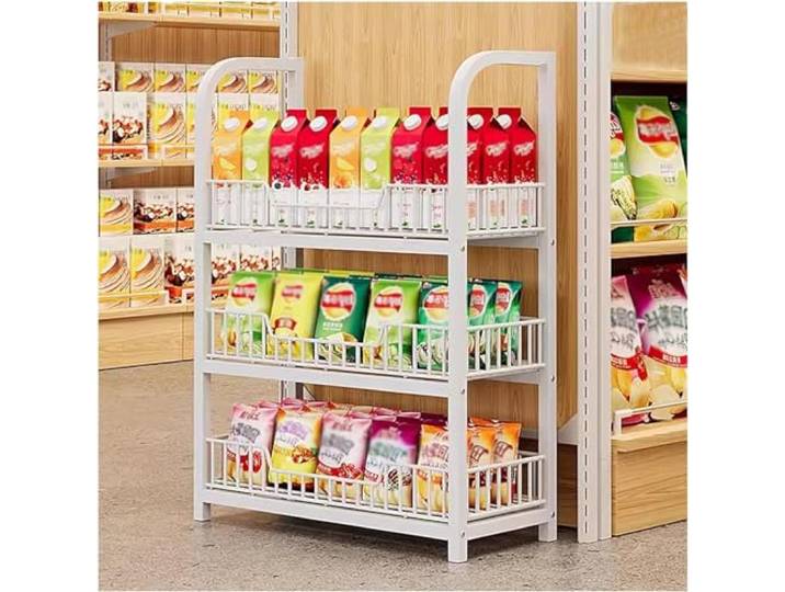 Regal für den Einzelhandel, Supermarkt-Gemüseregal, 3/4/5 Etagen, Supermarktregal mit Haken, großes Verkaufsregal, Metalldraht, Snack-Display, zum Aufhängen, Weiß, 3 Etagen, 89 x 27 x 50 cm