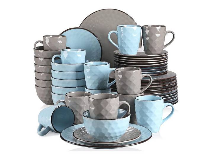 LuxusKollektion Kombiservice Tafelservice Steingut 48-teilig Kombiservice Gem-blau-graue Mischung