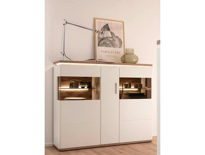 Highboard Palermo , Soft white / Viking Oak , mit Beleuchtung
