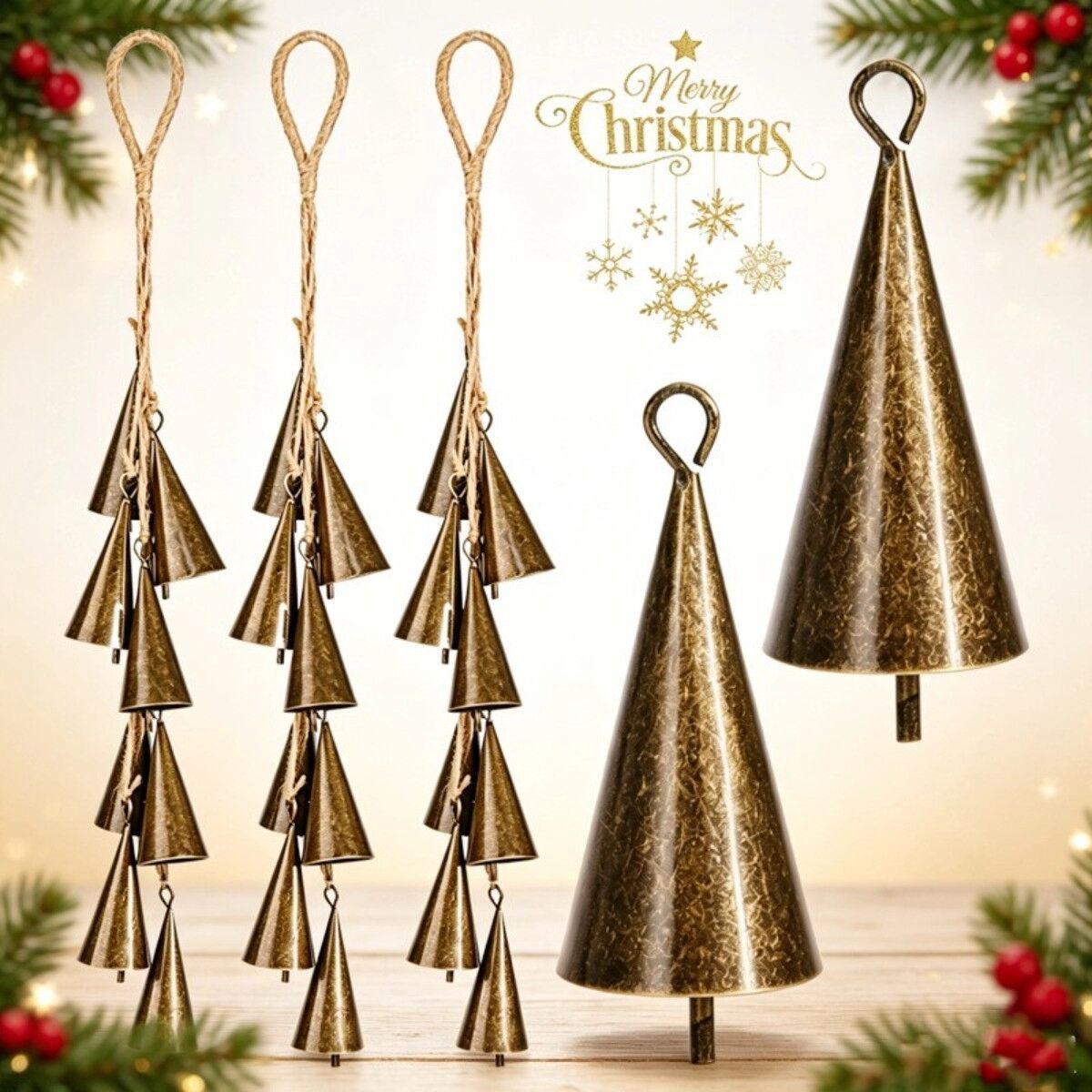 INF Vintage-Weihnachtsglocke aus Metall in Gold mit natürlichem Juteseil zum Aufhängen