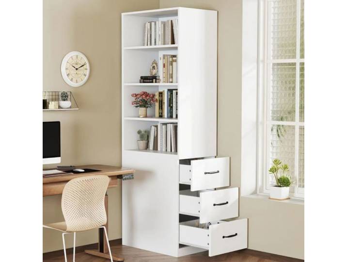 Bibliothèque scandinave meuble haut 180 cm étroite 4 casiers ouverts + 3 tiroirs configurable des deux côtés