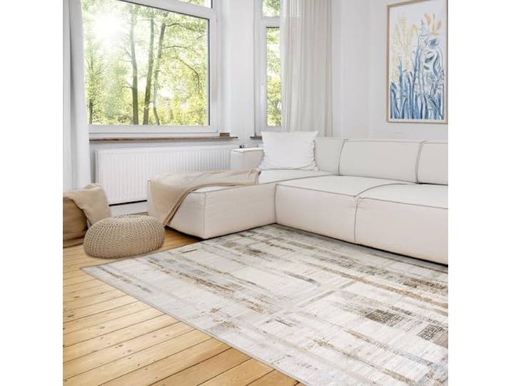 Astra Moderner Teppich Wohnzimmer, Schlafzimmer - Weiches Flachgewebe für Innen - Flauschiger Kurzflorteppich - Teppich Striche grau-beige, 160 x 230 cm