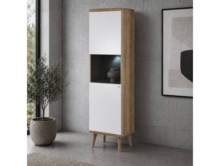 Lomadox Vitrine mit LED-Beleuchtung, 50 cm breit, in Weiß mit Eiche
