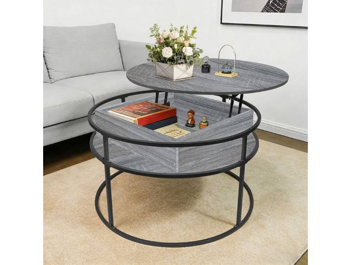 SUPFINE Table Basse Ronde en Bois Table Basse Relevable pour Salon Bureau Réglable en Hauteur 60×60×47cm Gris Foncé