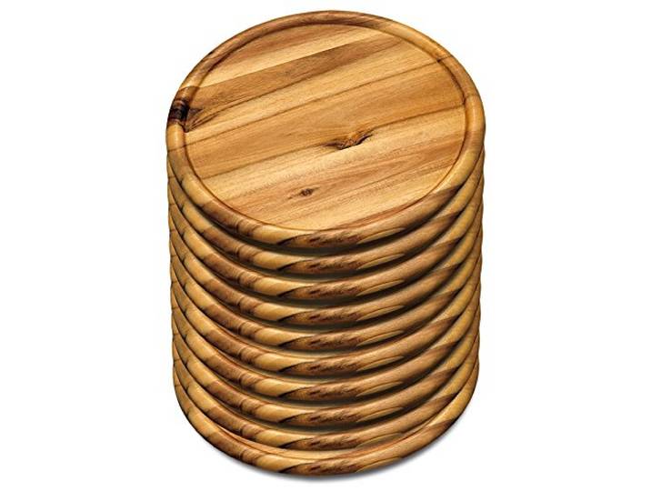 Lot de 10 assiettes à pizza KESPER 28462 de 32 cm en bois d'acacia certifié FSC\, assiettes en bois\, support à pizza\, assiettes en bois