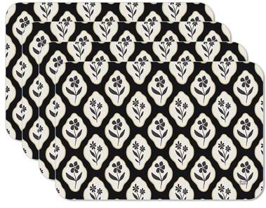 FirstDawn Black Floral Stamp 4 Pack Reversible Easy Care Flexible Plastic Placemats Made in The USA Wipes Clean