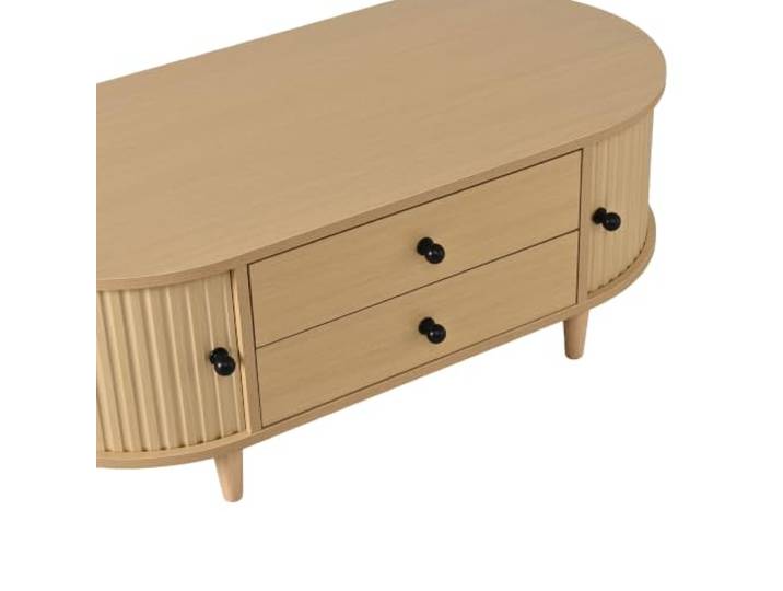 Couchtisch rund 100x50x36cm mit Schubladen und Rolltüren Spanplatte, Walnussholzoptik, schwarze Fronten, 2 Rolltüren, 2 Schubladen, 50 kg, 100x50x36 cm, Wohnzimmer