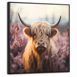 LEINWAND Bilder mit Rahmen - Schottischer Hochländer - Frühling - Hochland - 90x90