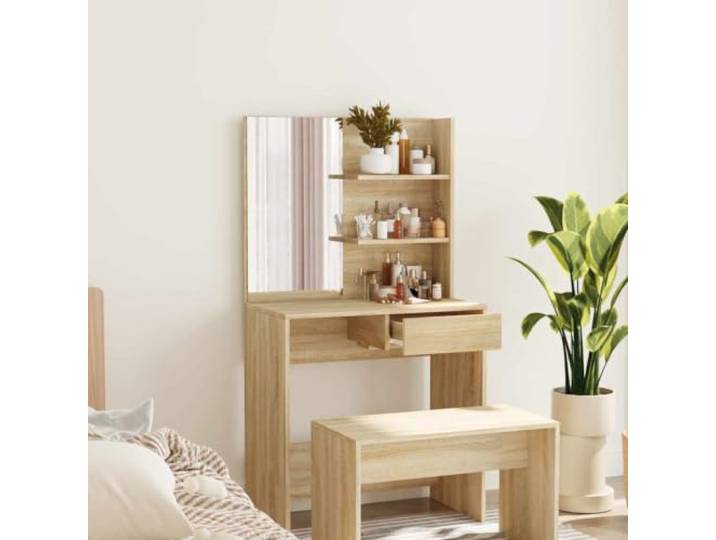 KGCRYUWED Schminktisch mit Spiegel, Holzwerkstoff, 74.5x40x141 cm Asymmetrische Form, Mit Schublade & Ablagen, Modernes Design