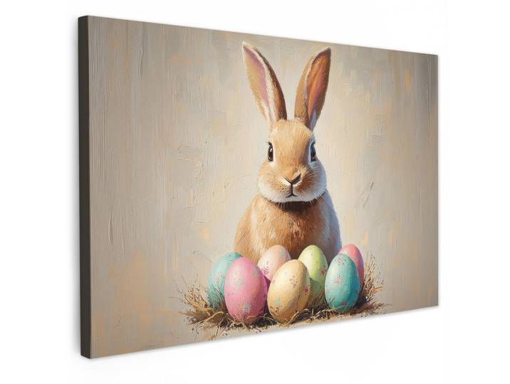 MuchoWow Leinwandbild - Osterhase - Pastell - Eier - 90x60 - Deko Wohnzimmer, Beige, Textil, Kiefer, Abstrakt, Rechteckig, 90x60 cm, gerahmt, Bilder & Rahmen, Bilder, Wandbilder