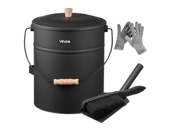 VEVOR Seau à Cendres\, 4 pièces\, Seau à Charbon de Bois et cendrier en métal avec Couvercle\, Pelle\, Balai et Gants\, Grande capacité de 15 L pour cheminée\, foyers\, poêles à Bois\, intérieur et extérieur