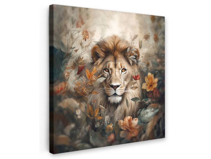 LEINWANDBILD Löwe - Wildtiere - Pflanzen - Natur - Blumen Wandbild Wohnzimmer 50x50 cm
