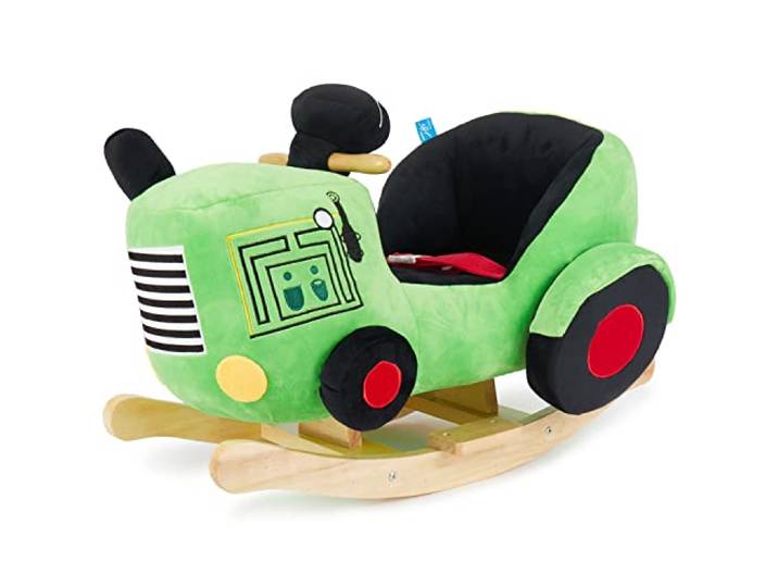 Bieco Plüsch Schaukeltier Traktor 60 cm Kinder Schaukelstuhl mit Sicherheitsgurt Baby Schaukel Schaukel Kleinkind Schaukeltier Baby Zimmer Schaukelwippe ab 9 Monate Schaukelpferd Holz