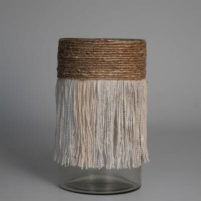 BIDK Home "Votive Wrapped in Cream & Natural Fringe 10""x6""- A"