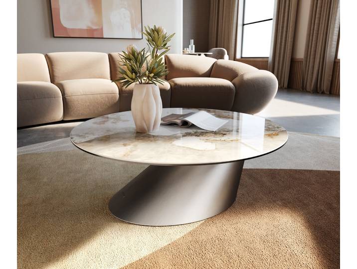 Couchtisch Edge Rund 90x90 cm Keramik Minas Melange Conis Edelstahl gebürstet, Couchtische