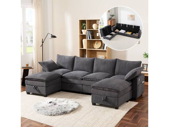 Canapé modulaire en velours côtelé - Forme en L - Repose-pieds amovible - Ports USB - Compartiments de rangement