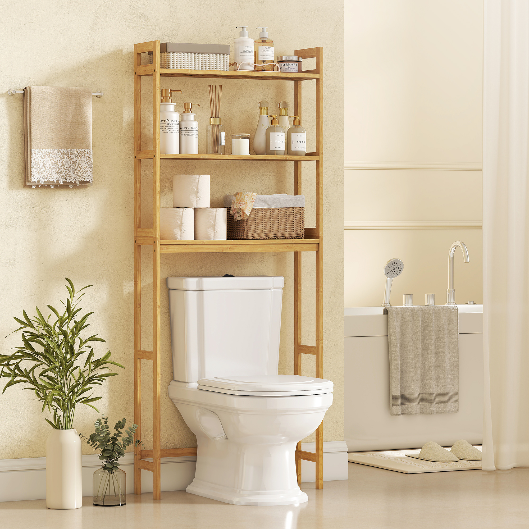 Kleankin Mobile Sopra WC Salvaspazio a 3 Ripiani Aperti a Doghe, in Bambù, 68x20x165 cm, color Bambù Aosom