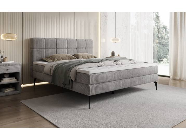 Boxspringbett Vera in Cord mit hohen Füßen - 140x200 - Orange - H4 (100kg+) - Luxusbetten24