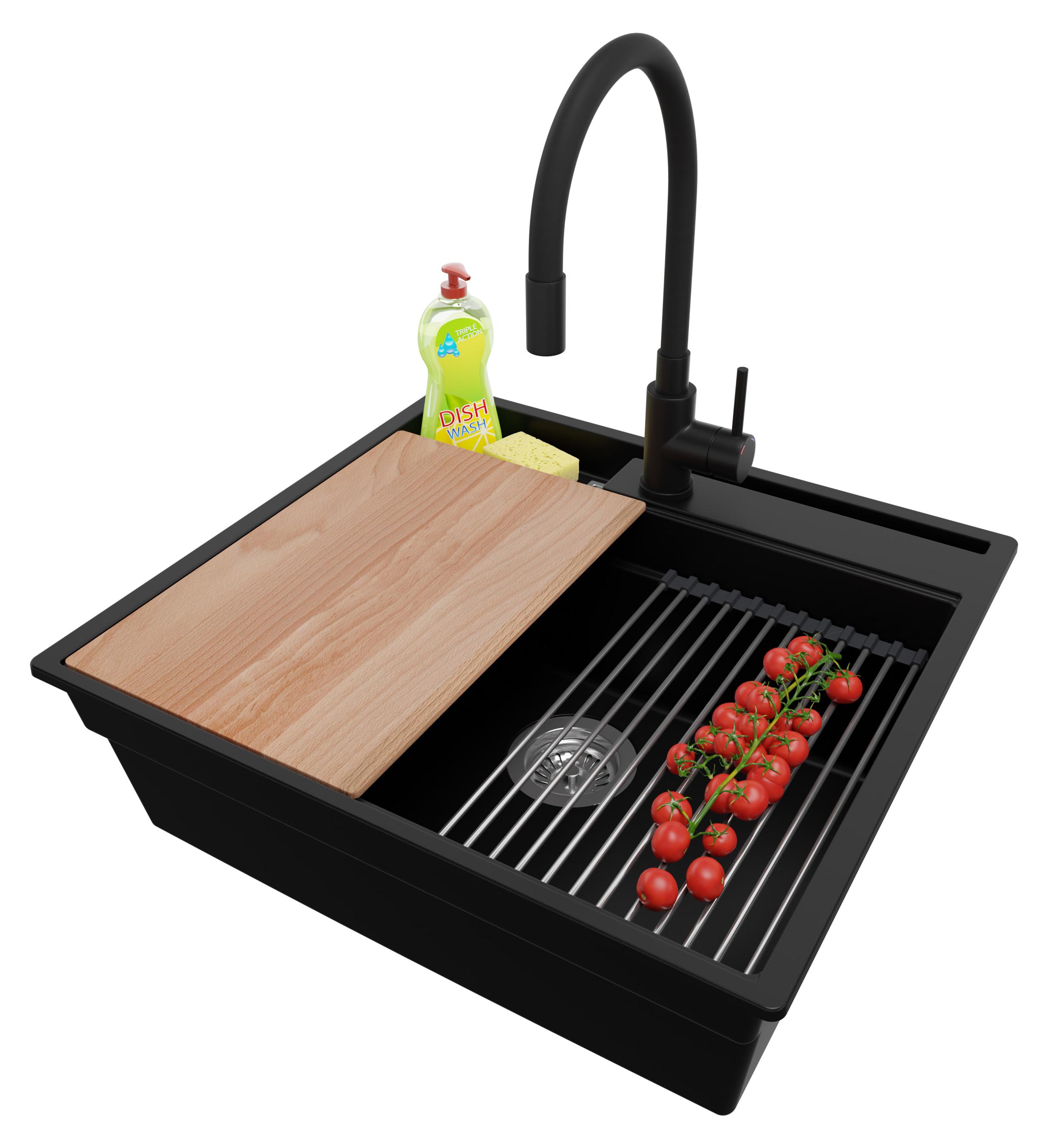 PRIMAGRAN Granitspüle Schwarz 58x53cm, Spülbecken 1 Becken + Ablauf-Set + Küchenzubehörset, Küchenspüle ab 60er Unterschrank - Oslo Pocket