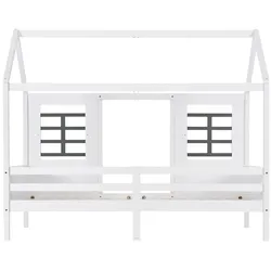 MODFU Hausbett aus Kiefernholz und MDF in Weiß, 207x97x174 cm, mit 2 Schubladen und Fensterelementen