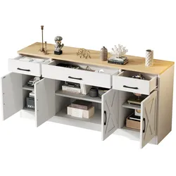 Sideboard 160x37x75 cm Weiß mit 3 Schubladen, 4 Türen, skandinavischer Stil, MDF mit rohholzfarbener Platte, modernes TV-Möbel, flexible Aufbewahrung