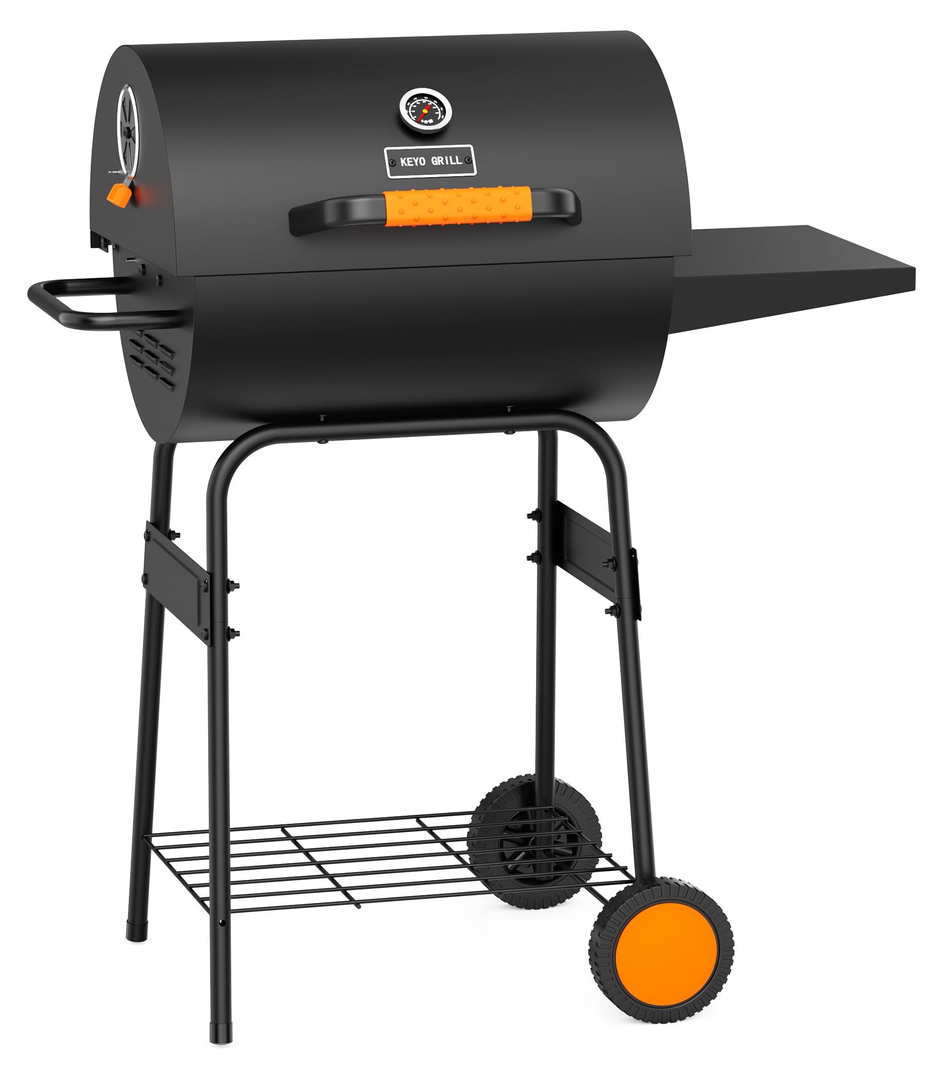 Holzkohle-Grill, Barbecue-Fass - Schwarz mit orangefarbenen Details und 1600 cm² Kochfläche