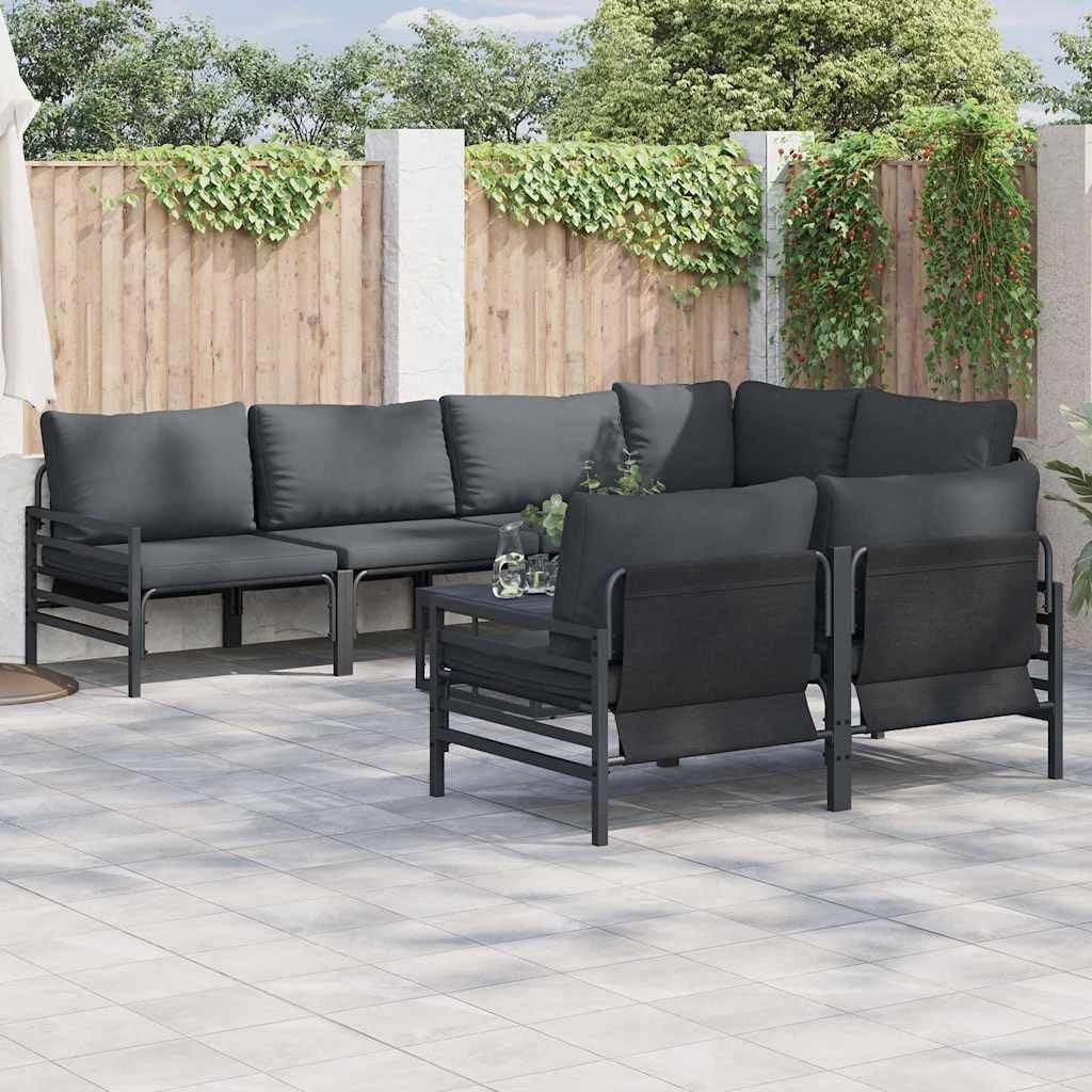 7-teiliges Gartensofa-Set in Schwarz aus robustem Stahl mit Kissen für Terrasse und Balkon, flexibel aufstellbar