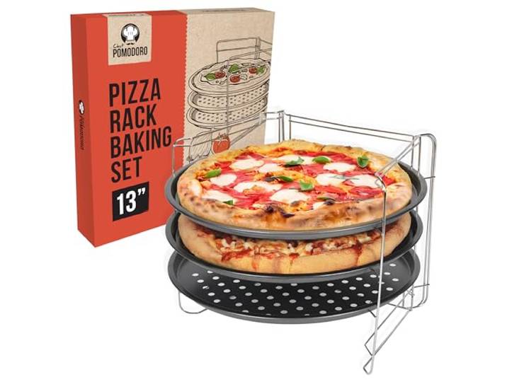 Chef Pomodoro Pizza bakset met 3 pizzapannen en pizzerark, 33 cm (13 inch) niet-stick geperforeerde pizzabakken, voor oven, grill, barbecue