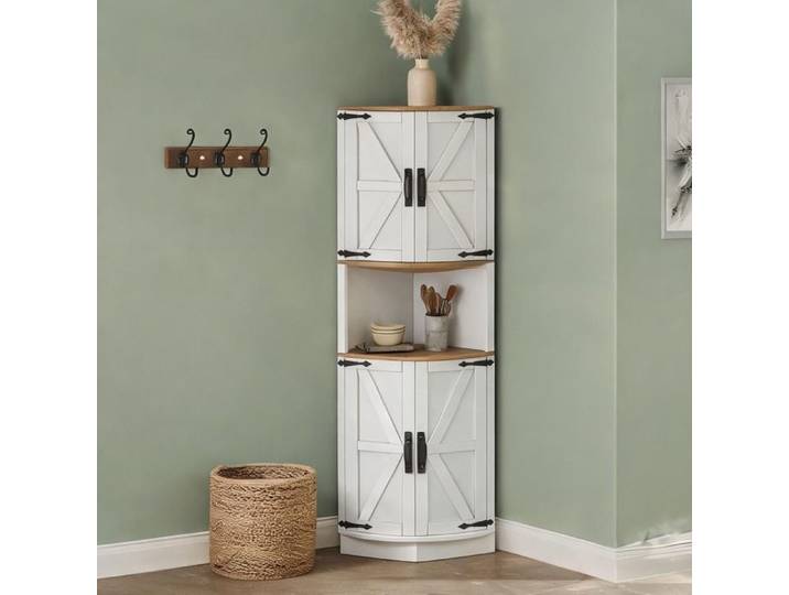Buffet Bahut Enfilade - Meuble d'angle haut 180 cm 5 compartiments finition blanc et bois style vintage MDF