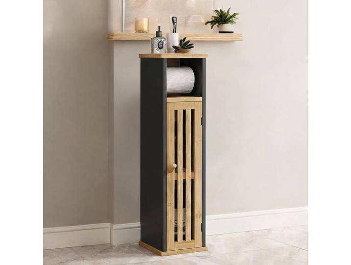 Meuble colonne de toilettes avec porte-papier 2 étagères et sortie rouleau MDF et bambou noir