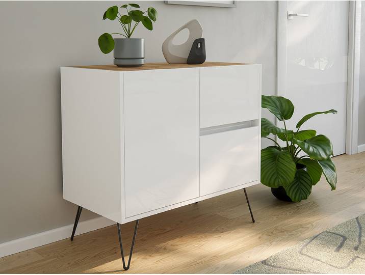 Commode Industrial 79 x 76cm Blanc/Blanc brillant/Imitiation chêne