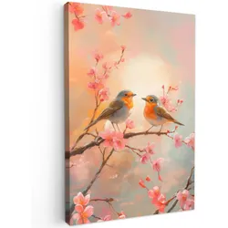 LEINWANDBILD Rotkehlchen - Zierpflanze - Blütenzweig Deko XXL 80x120 cm
