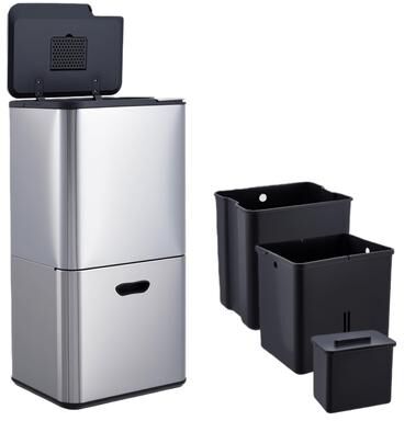 Garvee 16 Gal Dual Compartment Kitchen Trash Can with Compost Bin, Stainless Steel Rectangular Recycling Bin, Silver