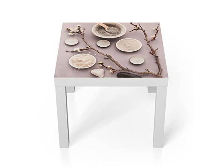 DEQORI Glastisch weiß klein 55x55 cm Motiv Spa-Naturkosmetik ausgefallener Beistelltisch aus Glas Hochglanz Couchtisch fürs Wohnzimmer moderner Couch Tisch mit Design