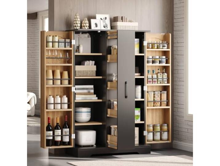 Aunvla Küchenschrank mit Gewürzregal, geräumiger Doppeltürschrank mit 4-stufigem Vertikalauszug, verstellbaren Regalböden und modernem Design – 120 × 78 × 35 cm, Schwarz+Natur