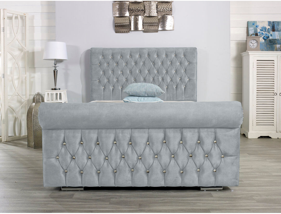 Wayfair Sleep Herveline Upholstered Bed Frame Silver Double (4'6)