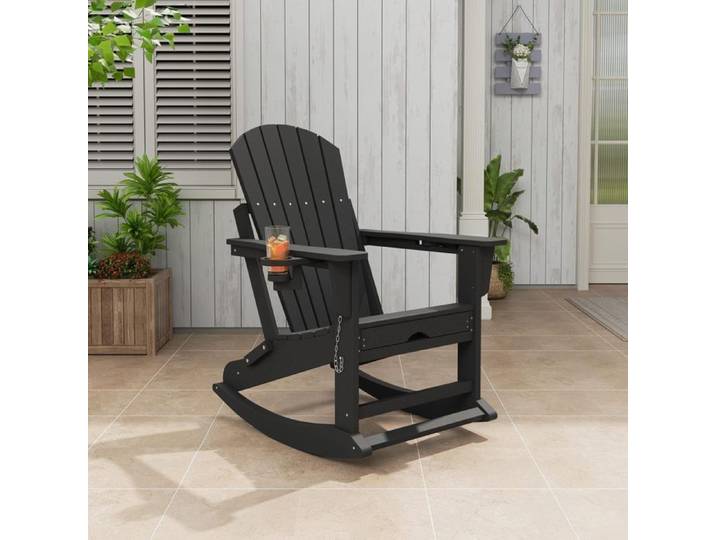 Fauteuil à bascule pliant 2-en-1 HDPE chaise Adirondack avec porte-gobelet larges accoudoirs repose-pieds extérieur terrasse noir