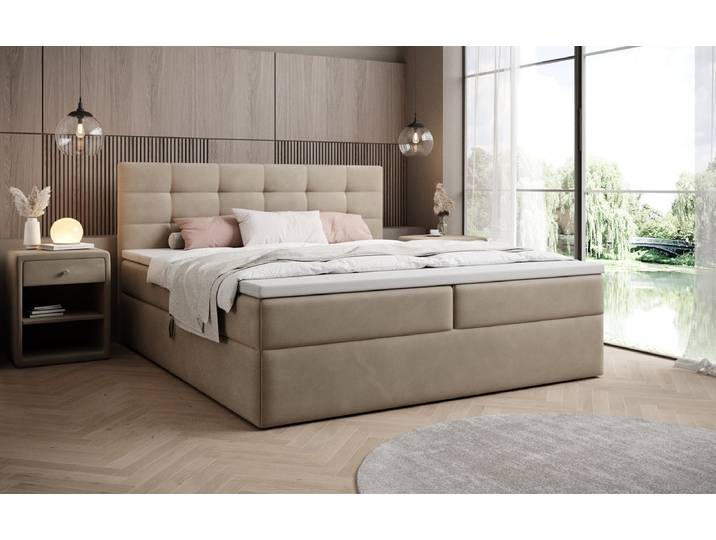 Boxspringbett Lux Samt mit Stauraum - 180x200 - Beige - H4 (100kg+) - Luxusbetten24