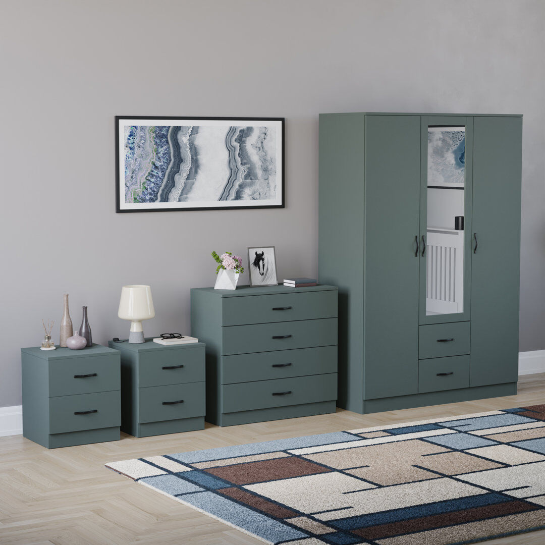 17 Stories Tayce 4 Piece Bedroom Set (2 Drawer Bedside Chest, 4 Drawer Chest, 3 Door 2 Drawer Mirrored Wardrobe) Green