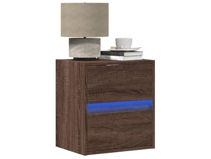 HEFZGDB Wand-Nachttisch mit RGB-LED-Beleuchtung in Brauner Eichen-Optik, 2 Schubladen Stauraum, Platzsparendes Design, USB-Anschluss, Holzwerkstoff, Wandmontage, Beleuchtungssteuerung