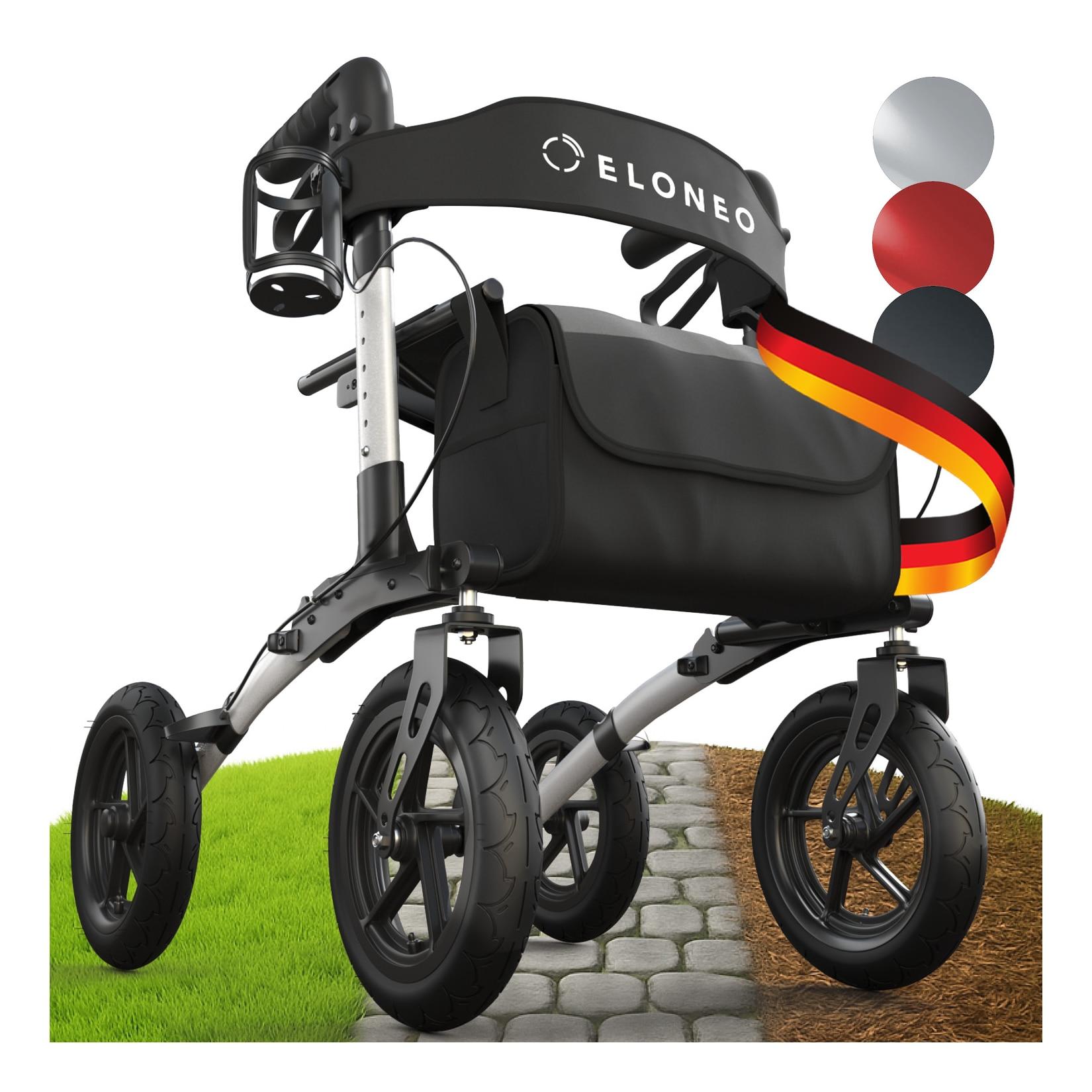 ELONEO Rollator faltbar und leicht mit Sitz, Outdoor Rollator mit Luftbereifung, höhenverstellbar aus Aluminium Silber